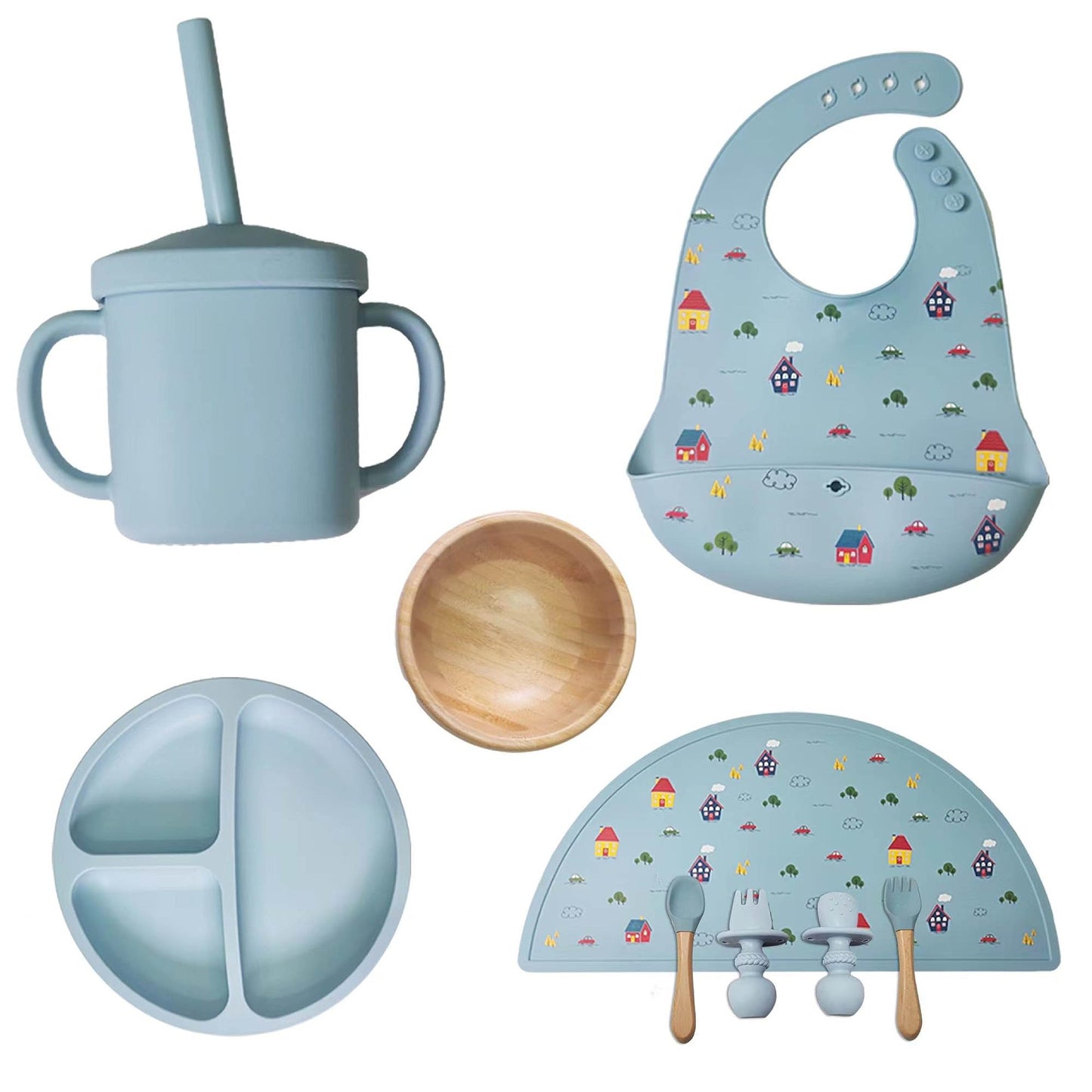 Baby Food Utensils Set - Baby Feeding Set - Baby Silicone Feeding Set - Baby Plates And Bowls Set - Baby Feeding (SKY BLUE)